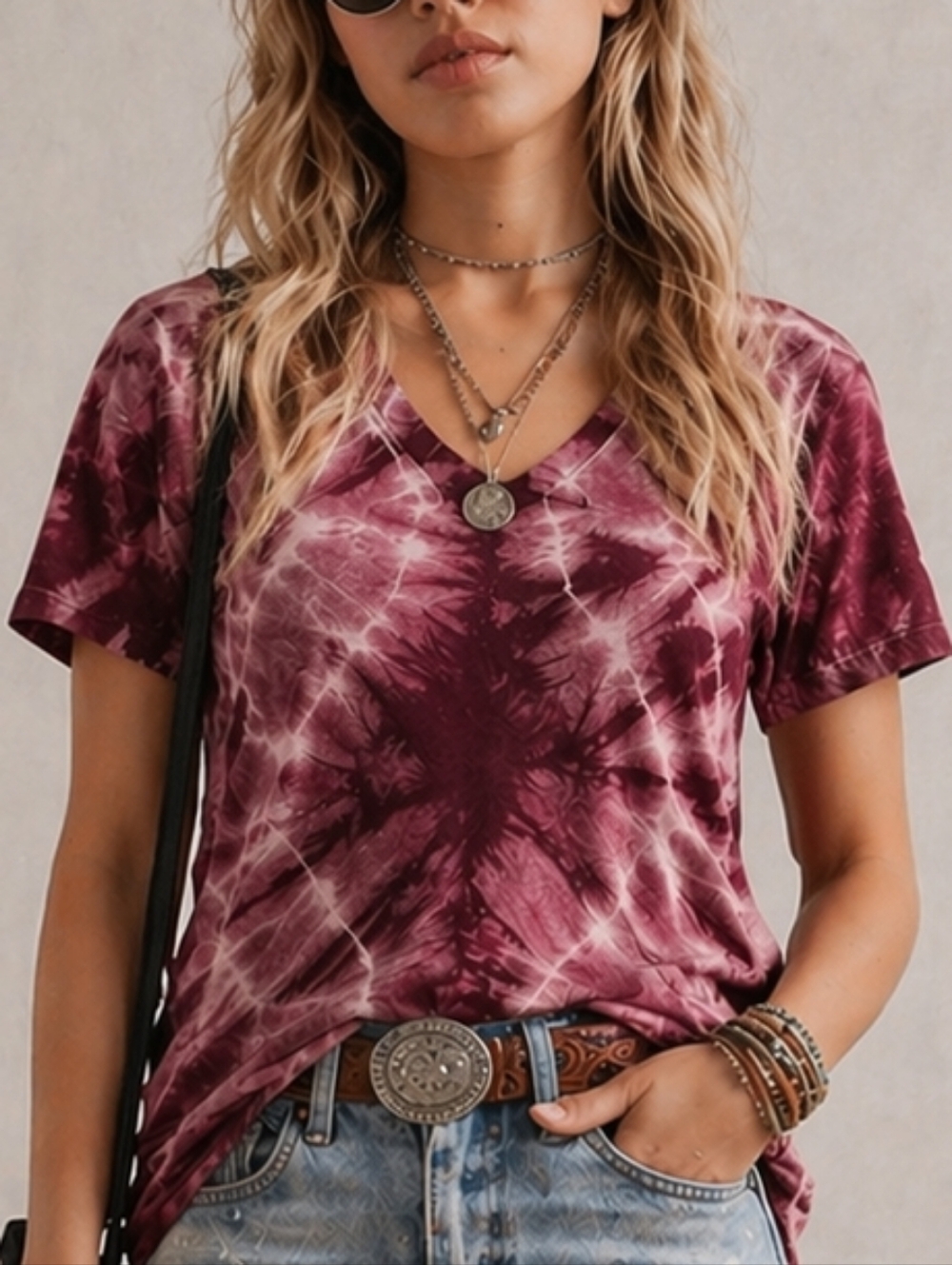 Johnny Was Calme Tie Dye Boho V Neck Soft Tee Small Burgundy Cream EUC
